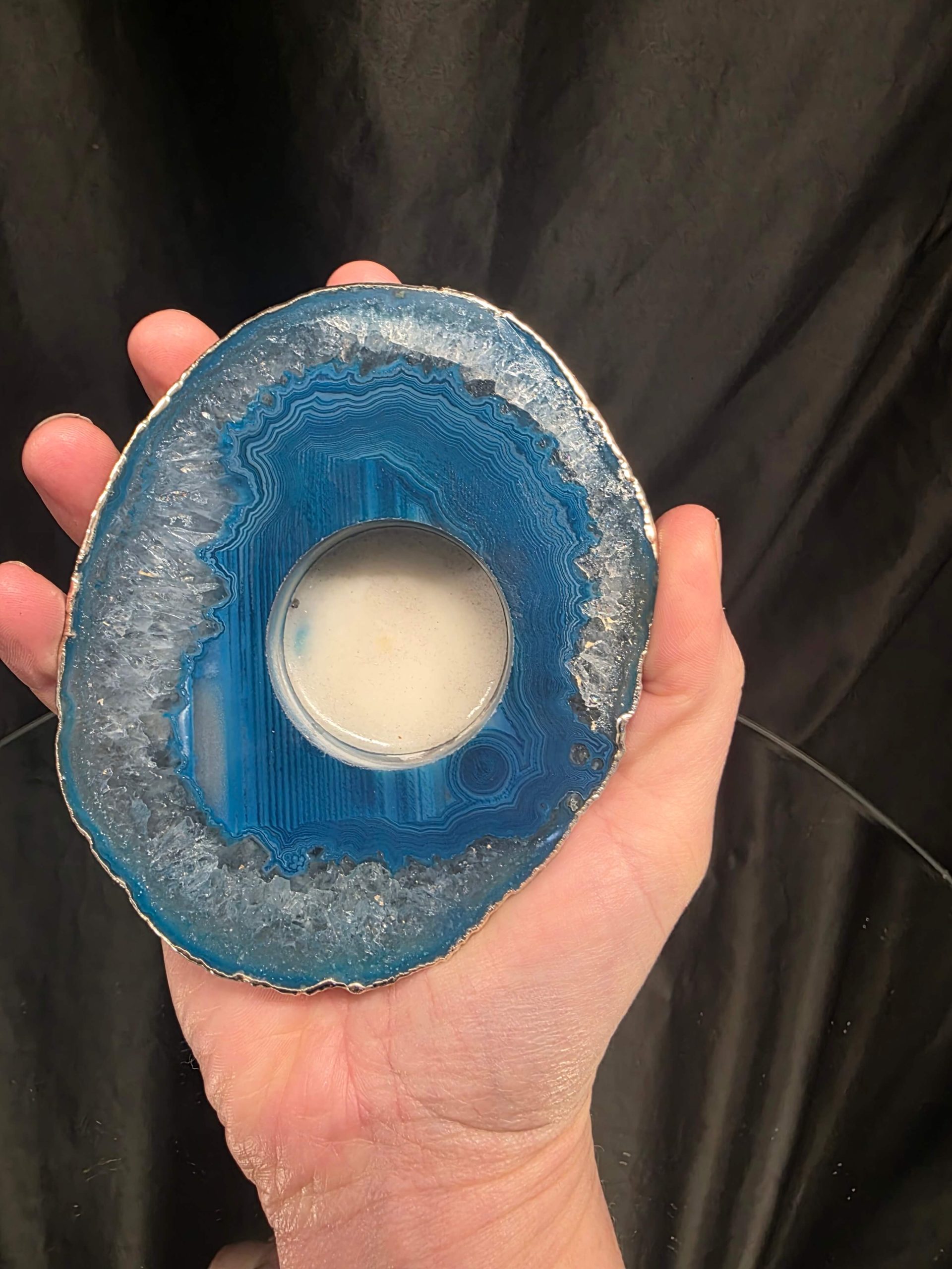 Large Teal Agate Slice 1 Handpicked 301g H2xW12xD10cm Microcrystalline Quartz Silver Gilded Tealight Candle Holder Ornament - Image 5