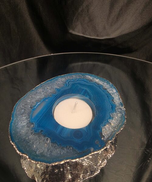 Large Teal Agate Slice 1 Handpicked 301g H2xW12xD10cm Microcrystalline Quartz Silver Gilded Tealight Candle Holder Ornament - Image 7