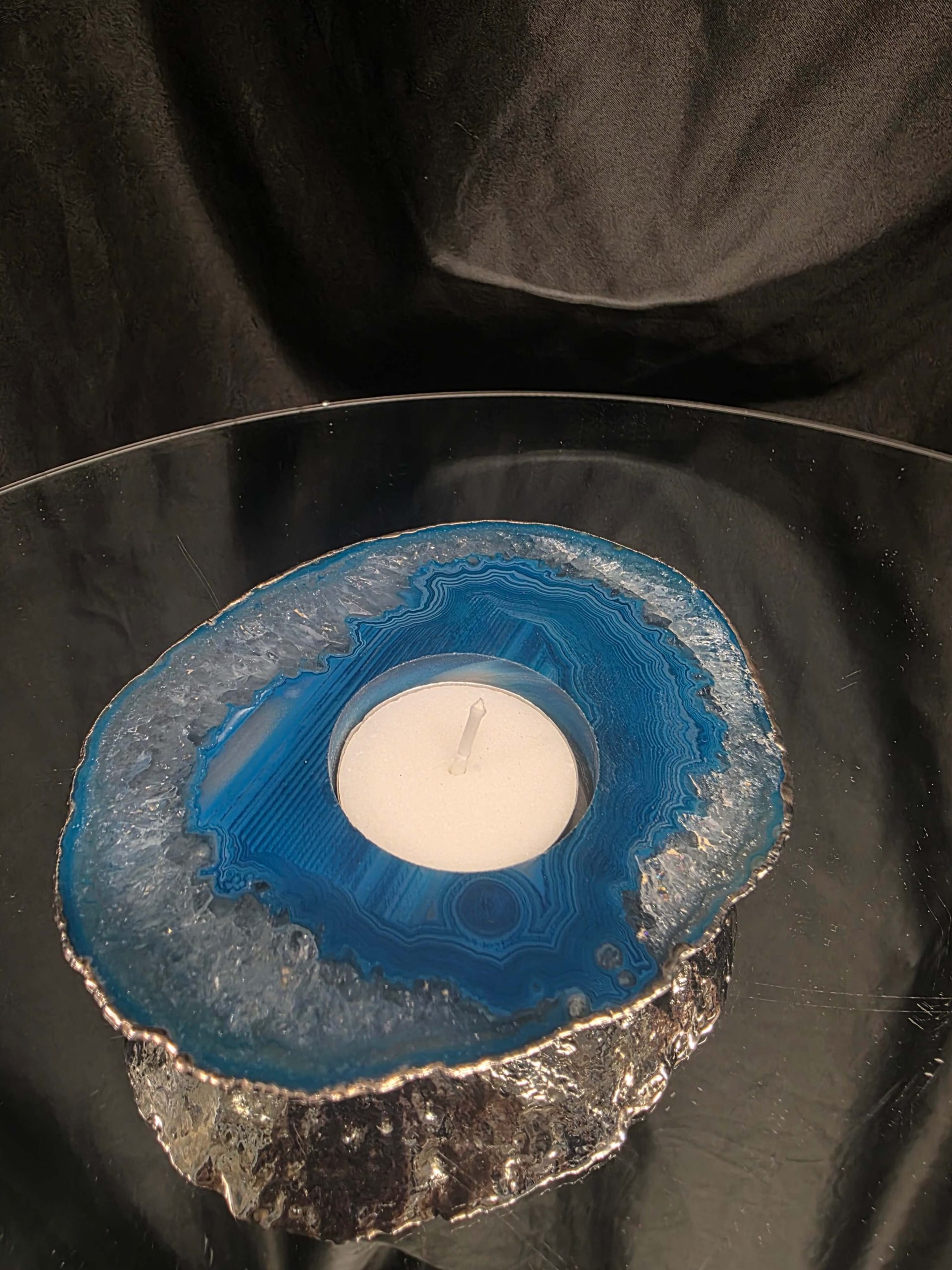 Large Teal Agate Slice 1 Handpicked 301g H2xW12xD10cm Microcrystalline Quartz Silver Gilded Tealight Candle Holder Ornament - Image 7