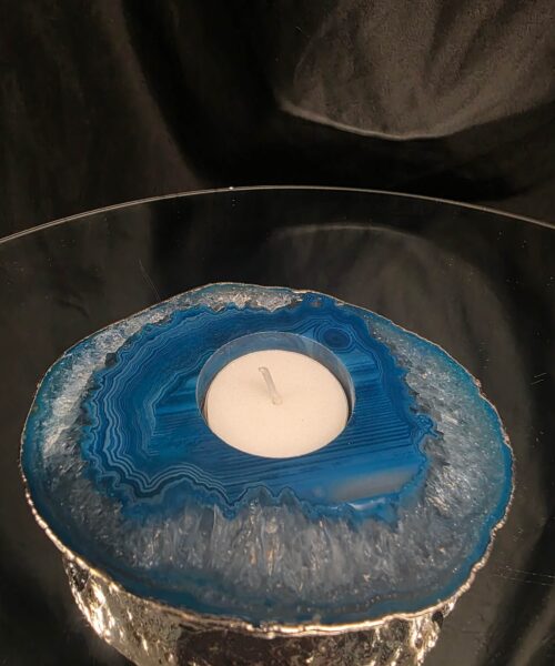 Large Teal Agate Slice 1 Handpicked 301g H2xW12xD10cm Microcrystalline Quartz Silver Gilded Tealight Candle Holder Ornament - Image 8