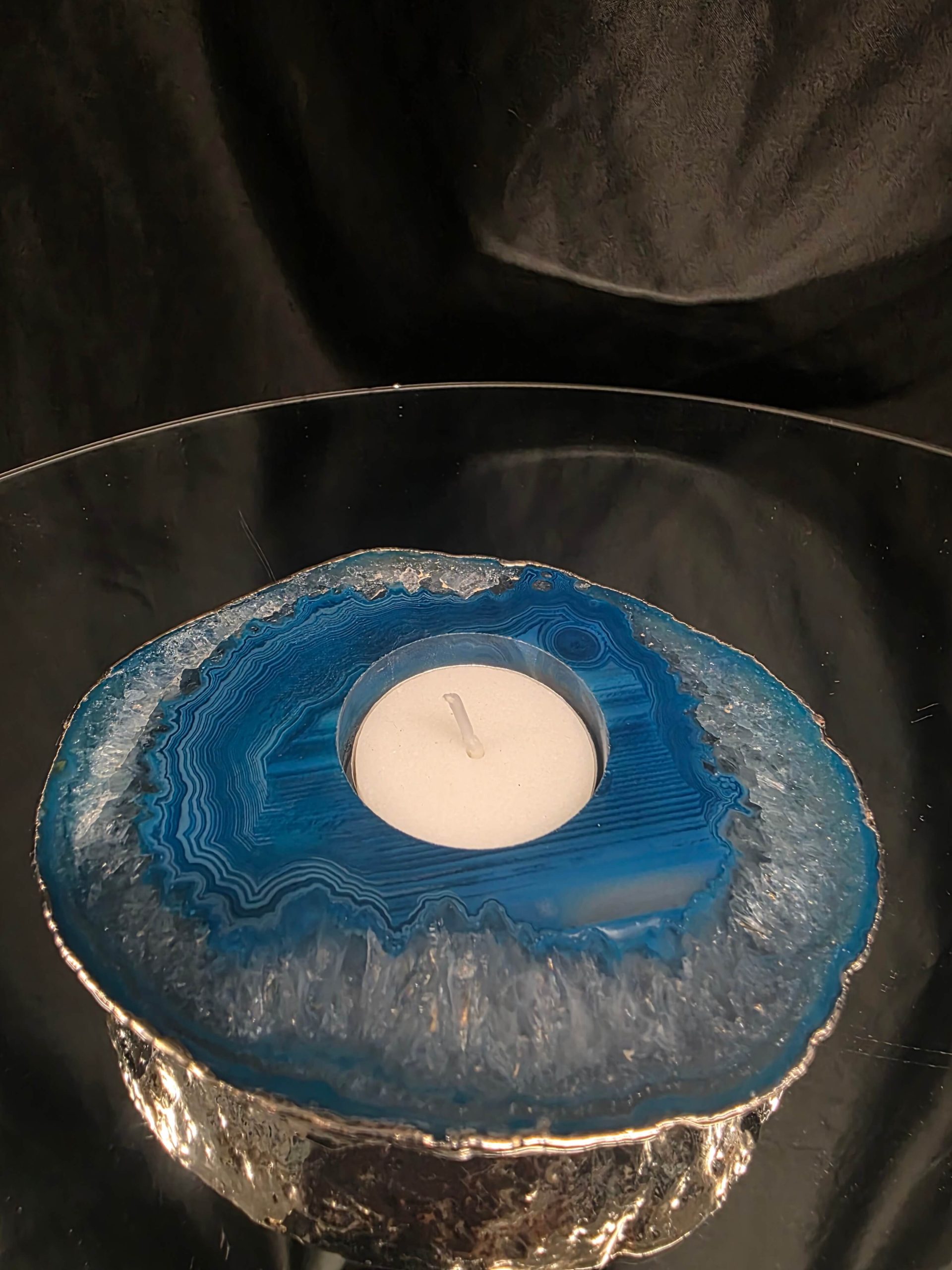 Large Teal Agate Slice 1 Handpicked 301g H2xW12xD10cm Microcrystalline Quartz Silver Gilded Tealight Candle Holder Ornament - Image 8