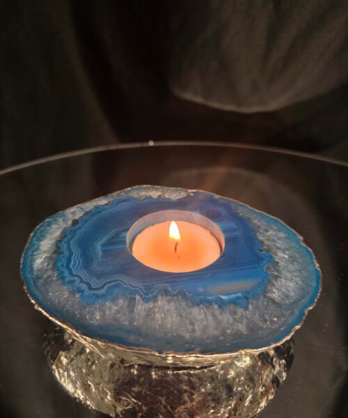 Large Teal Agate Slice 1 Handpicked 301g H2xW12xD10cm Microcrystalline Quartz Silver Gilded Tealight Candle Holder Ornament - Image 9
