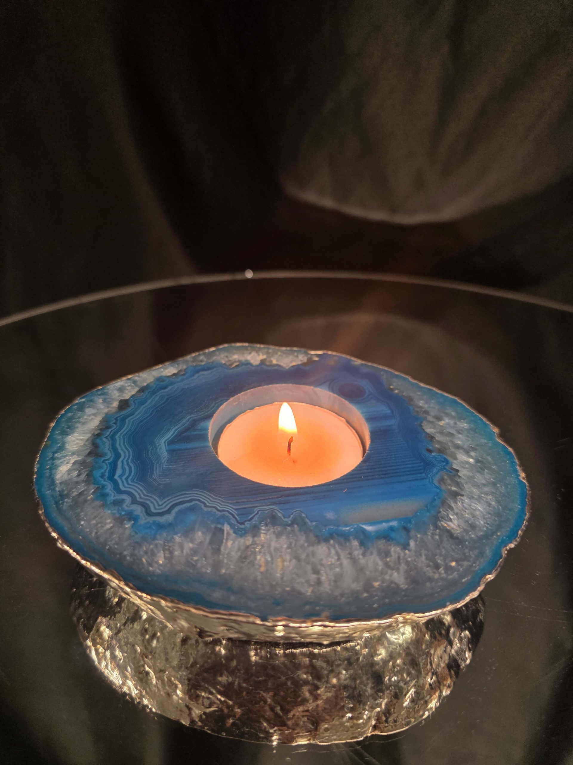Large Teal Agate Slice 1 Handpicked 301g H2xW12xD10cm Microcrystalline Quartz Silver Gilded Tealight Candle Holder Ornament - Image 9