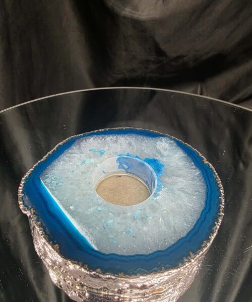 Large Teal Agate Slice 2 Handpicked 529g H2xW13xD10.5cm Microcrystalline Quartz Silver Gilded Tealight Candle Holder Ornament