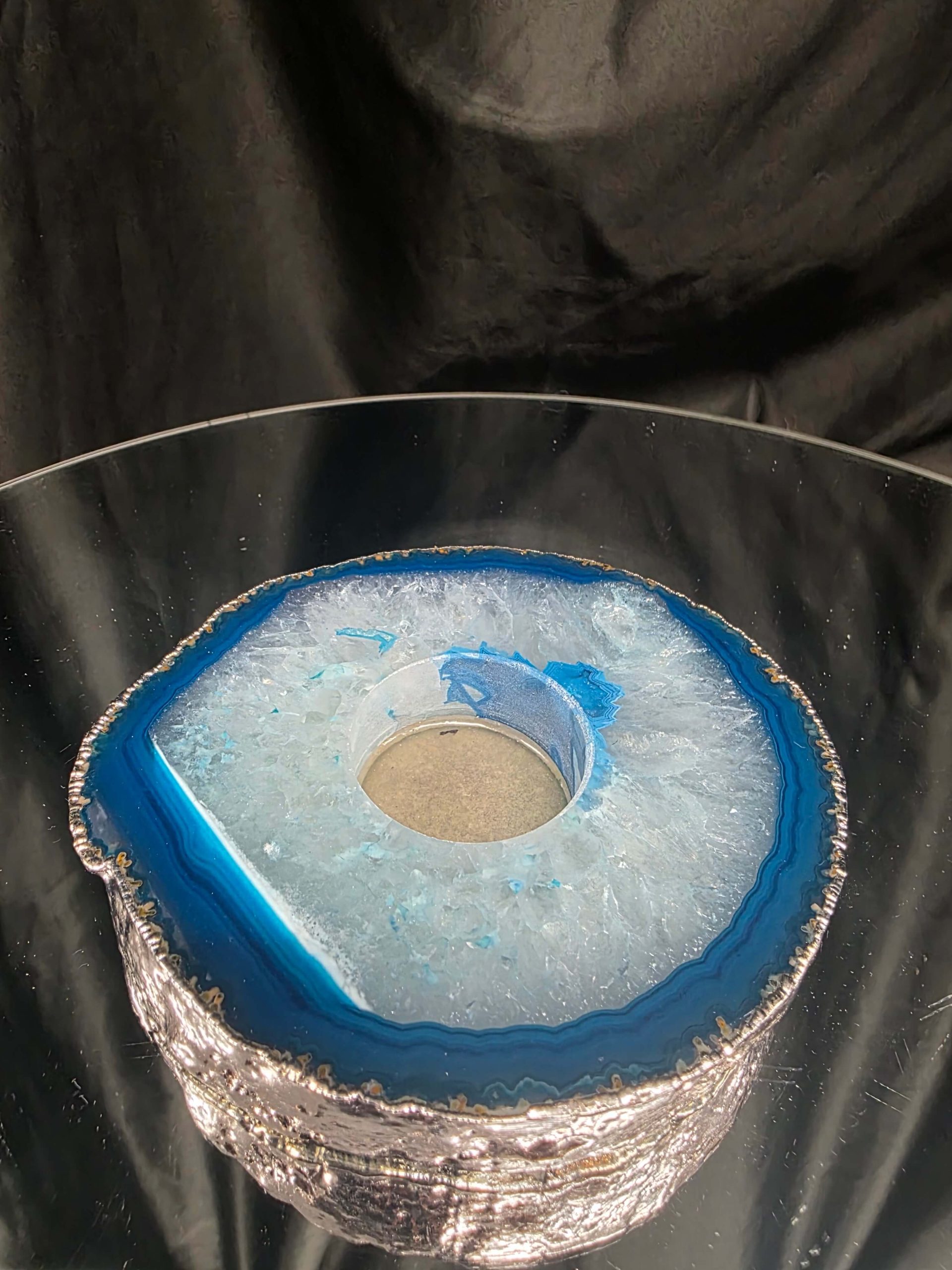 Large Teal Agate Slice 2 Handpicked 529g H2xW13xD10.5cm Microcrystalline Quartz Silver Gilded Tealight Candle Holder Ornament