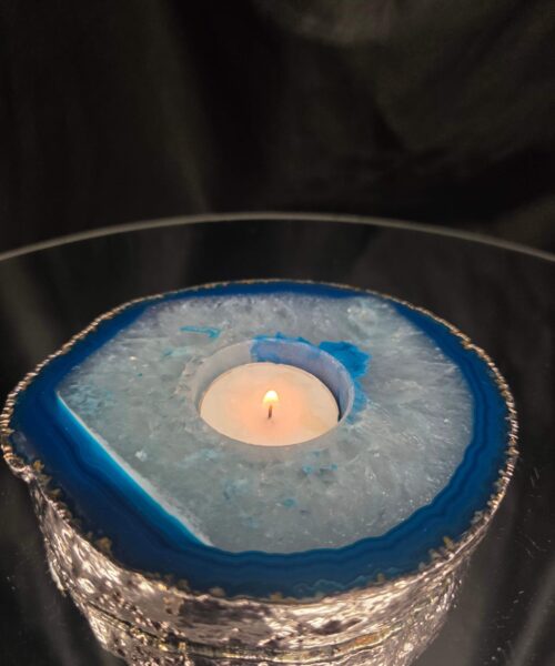 Large Teal Agate Slice 2 Handpicked 529g H2xW13xD10.5cm Microcrystalline Quartz Silver Gilded Tealight Candle Holder Ornament - Image 11