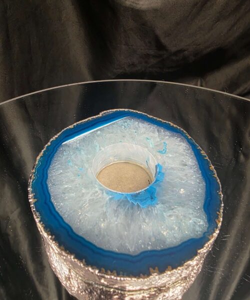 Large Teal Agate Slice 2 Handpicked 529g H2xW13xD10.5cm Microcrystalline Quartz Silver Gilded Tealight Candle Holder Ornament - Image 3