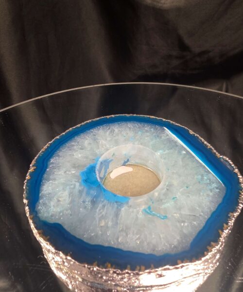 Large Teal Agate Slice 2 Handpicked 529g H2xW13xD10.5cm Microcrystalline Quartz Silver Gilded Tealight Candle Holder Ornament - Image 4