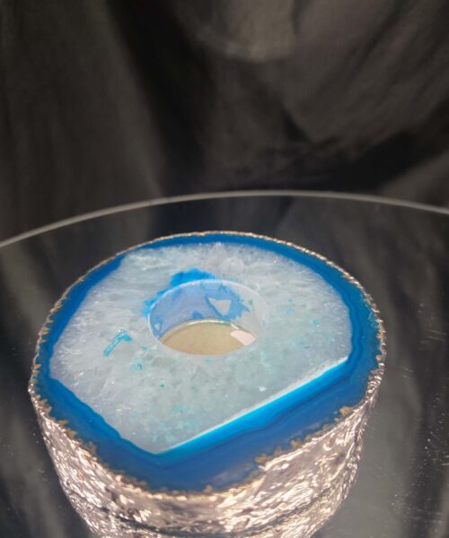 Large Teal Agate Slice 2 Handpicked 529g H2xW13xD10.5cm Microcrystalline Quartz Silver Gilded Tealight Candle Holder Ornament - Image 5
