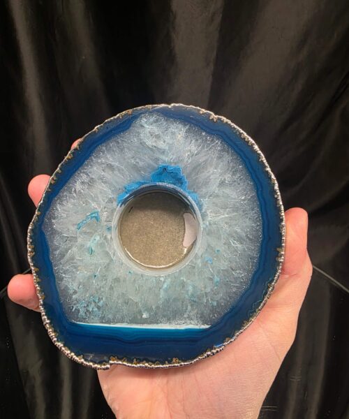 Large Teal Agate Slice 2 Handpicked 529g H2xW13xD10.5cm Microcrystalline Quartz Silver Gilded Tealight Candle Holder Ornament - Image 6