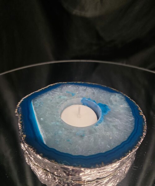 Large Teal Agate Slice 2 Handpicked 529g H2xW13xD10.5cm Microcrystalline Quartz Silver Gilded Tealight Candle Holder Ornament - Image 8