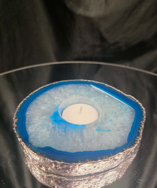 Large Teal Agate Slice 2 Handpicked 529g H2xW13xD10.5cm Microcrystalline Quartz Silver Gilded Tealight Candle Holder Ornament - Image 9