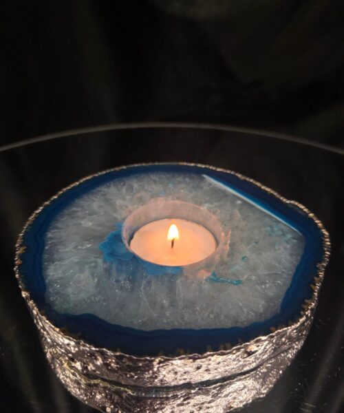 Large Teal Agate Slice 2 Handpicked 529g H2xW13xD10.5cm Microcrystalline Quartz Silver Gilded Tealight Candle Holder Ornament - Image 10