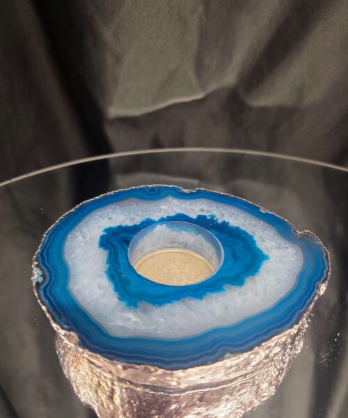 Large Teal Agate Slice 3 Handpicked 457g H2xW13xD11cm Microcrystalline Quartz Silver Gilded Tealight Candle Holder Ornament