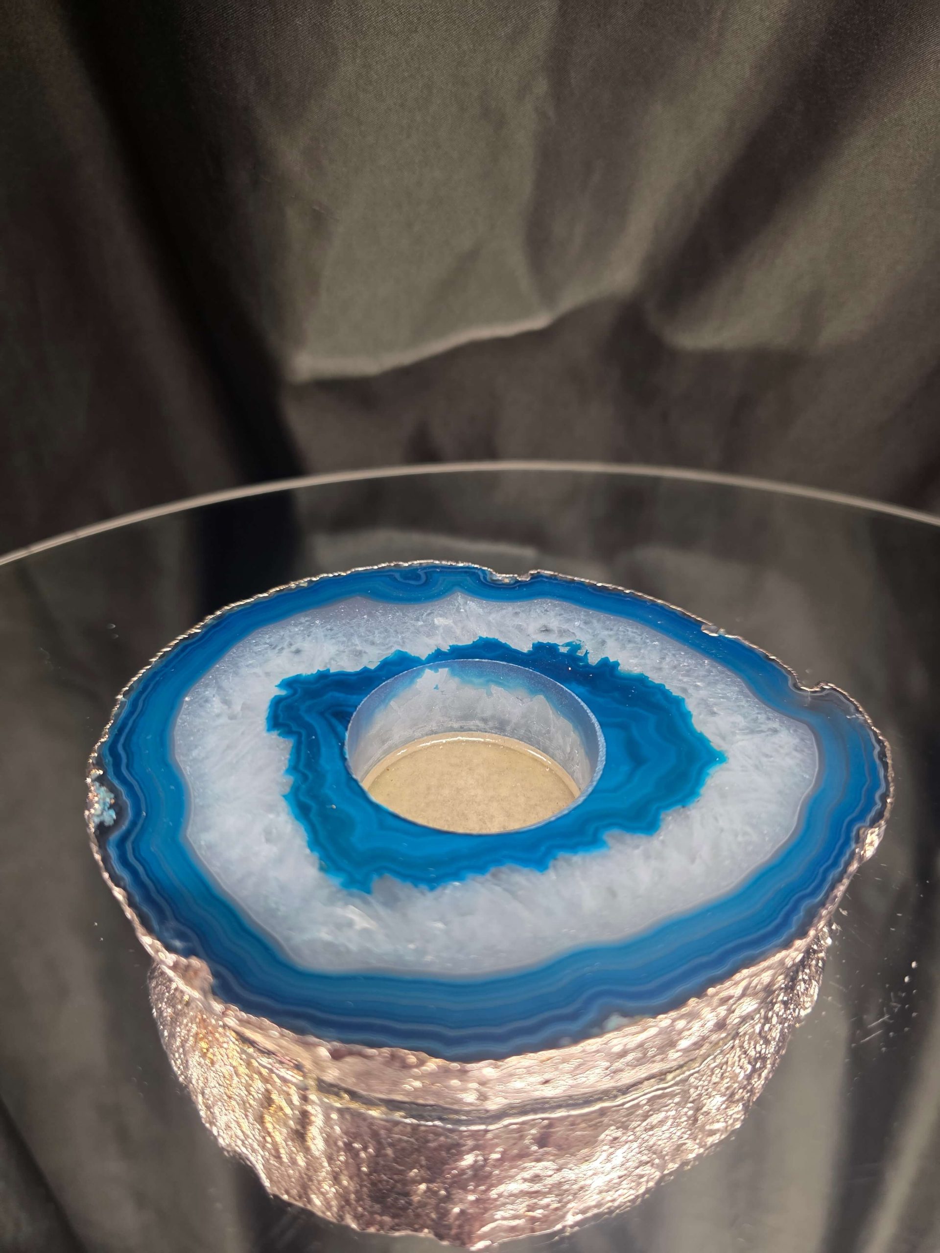 Large Teal Agate Slice 3 Handpicked 457g H2xW13xD11cm Microcrystalline Quartz Silver Gilded Tealight Candle Holder Ornament