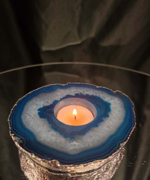 Large Teal Agate Slice 3 Handpicked 457g H2xW13xD11cm Microcrystalline Quartz Silver Gilded Tealight Candle Holder Ornament - Image 11