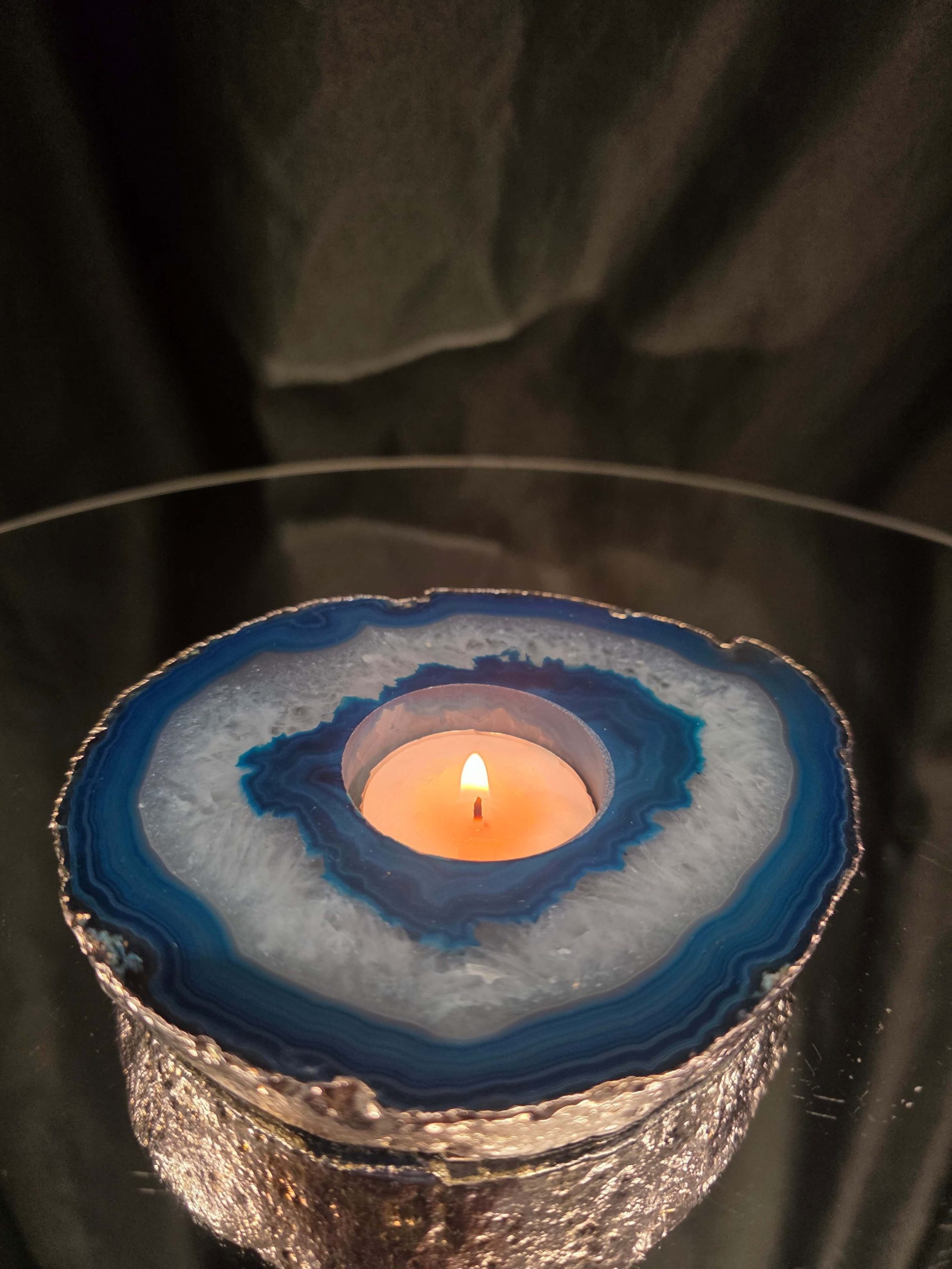 Large Teal Agate Slice 3 Handpicked 457g H2xW13xD11cm Microcrystalline Quartz Silver Gilded Tealight Candle Holder Ornament - Image 11