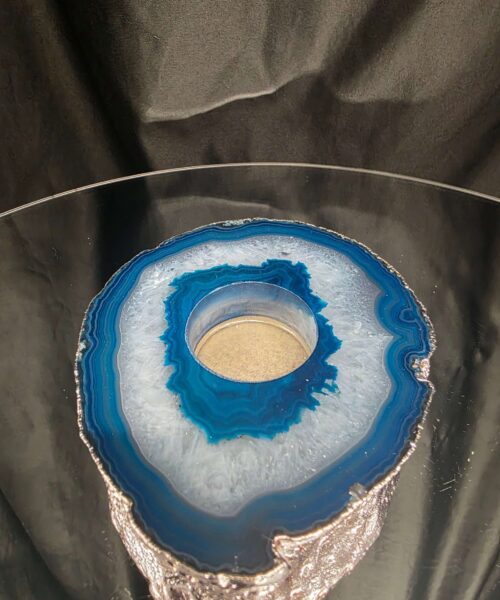 Large Teal Agate Slice 3 Handpicked 457g H2xW13xD11cm Microcrystalline Quartz Silver Gilded Tealight Candle Holder Ornament - Image 3
