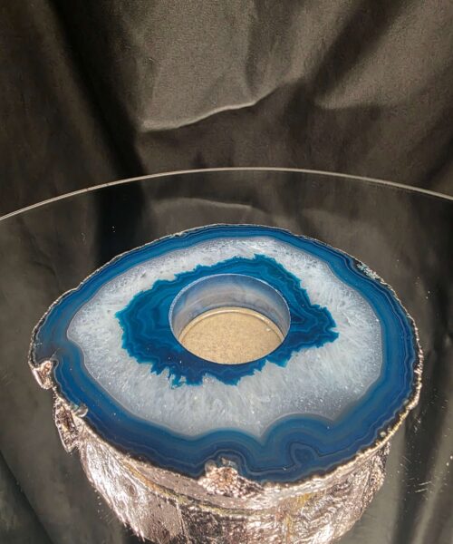 Large Teal Agate Slice 3 Handpicked 457g H2xW13xD11cm Microcrystalline Quartz Silver Gilded Tealight Candle Holder Ornament - Image 4