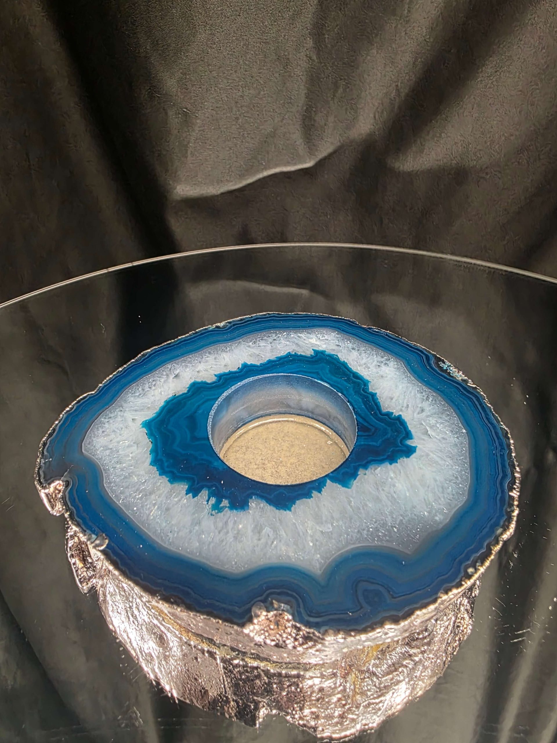 Large Teal Agate Slice 3 Handpicked 457g H2xW13xD11cm Microcrystalline Quartz Silver Gilded Tealight Candle Holder Ornament - Image 4