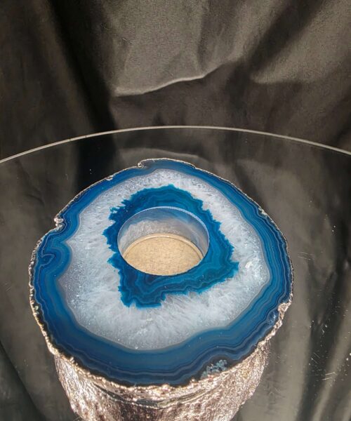 Large Teal Agate Slice 3 Handpicked 457g H2xW13xD11cm Microcrystalline Quartz Silver Gilded Tealight Candle Holder Ornament - Image 5