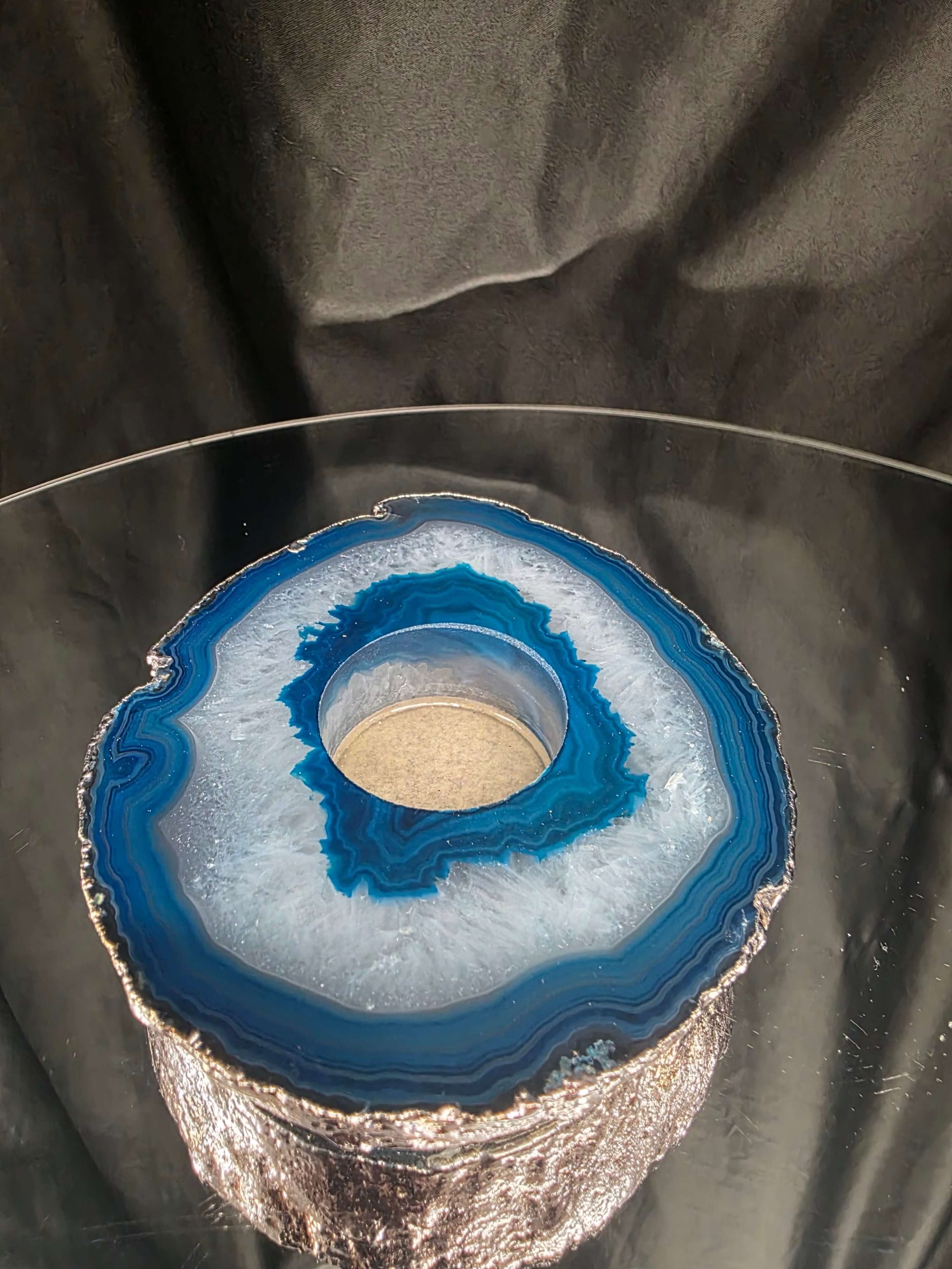 Large Teal Agate Slice 3 Handpicked 457g H2xW13xD11cm Microcrystalline Quartz Silver Gilded Tealight Candle Holder Ornament - Image 5
