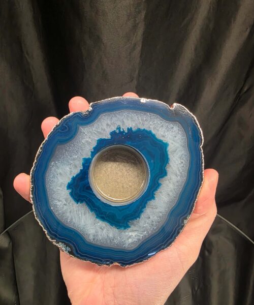 Large Teal Agate Slice 3 Handpicked 457g H2xW13xD11cm Microcrystalline Quartz Silver Gilded Tealight Candle Holder Ornament - Image 6