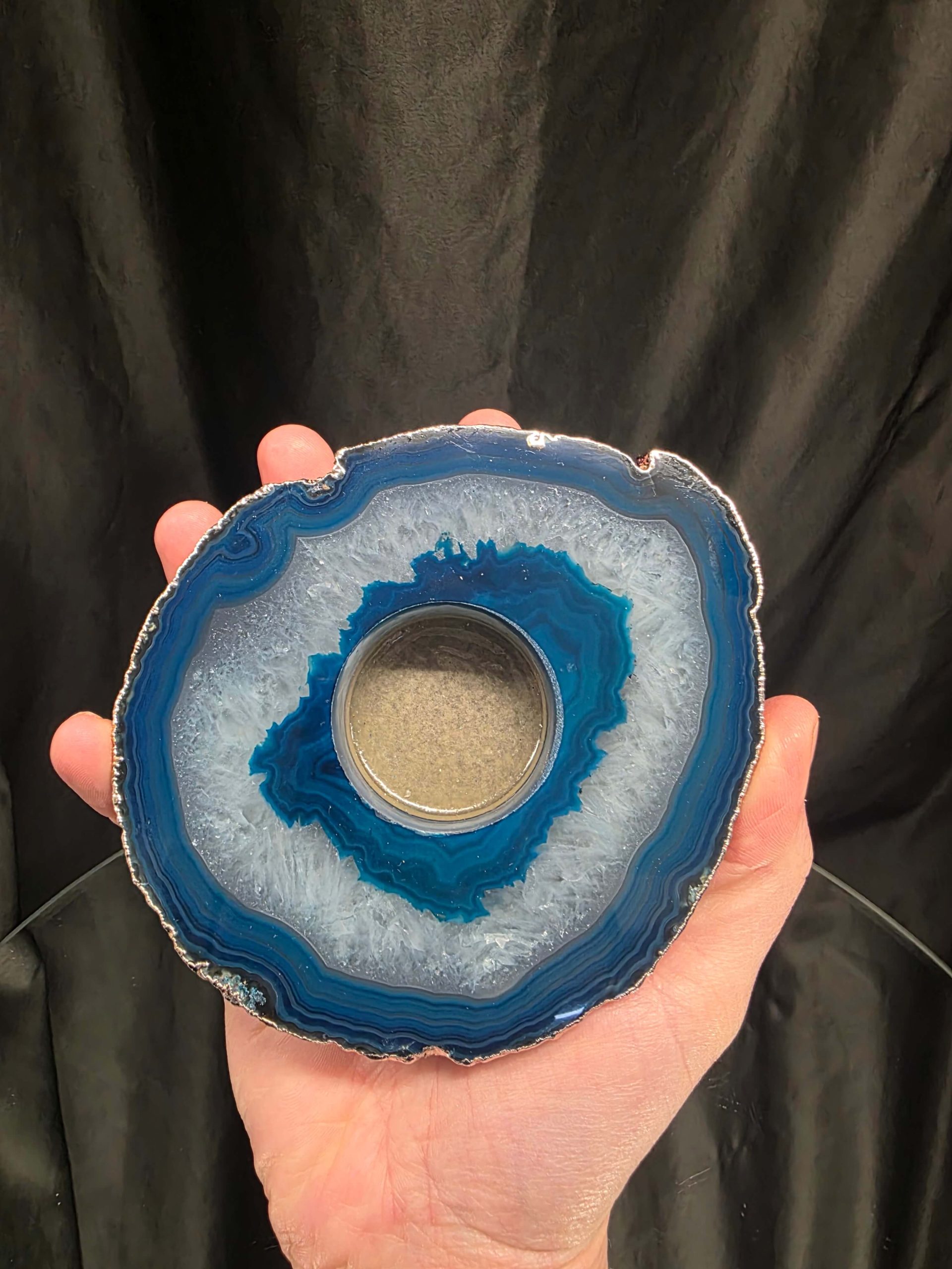 Large Teal Agate Slice 3 Handpicked 457g H2xW13xD11cm Microcrystalline Quartz Silver Gilded Tealight Candle Holder Ornament - Image 6