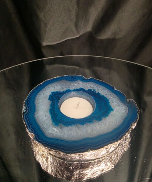 Large Teal Agate Slice 3 Handpicked 457g H2xW13xD11cm Microcrystalline Quartz Silver Gilded Tealight Candle Holder Ornament - Image 8