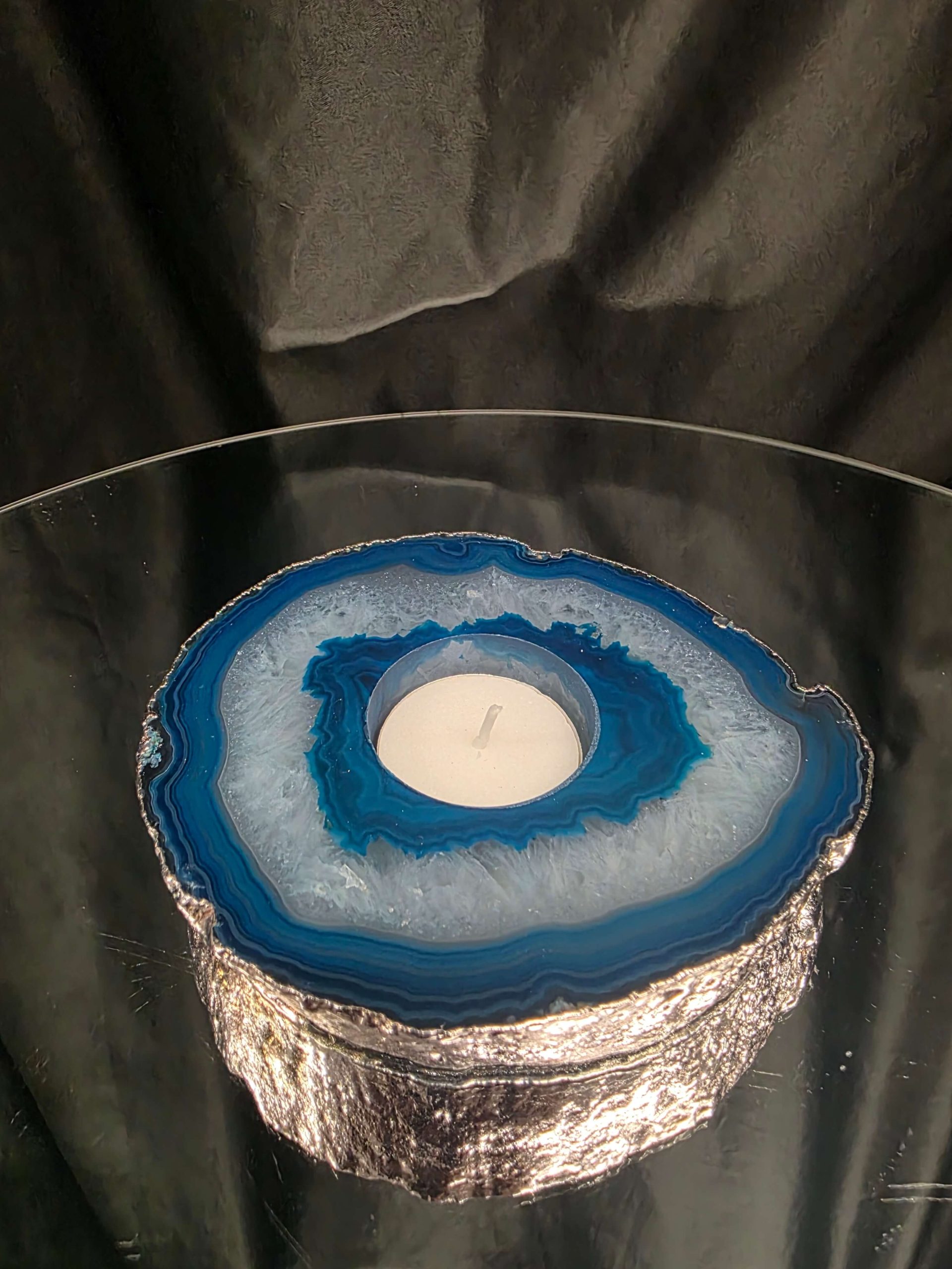 Large Teal Agate Slice 3 Handpicked 457g H2xW13xD11cm Microcrystalline Quartz Silver Gilded Tealight Candle Holder Ornament - Image 8