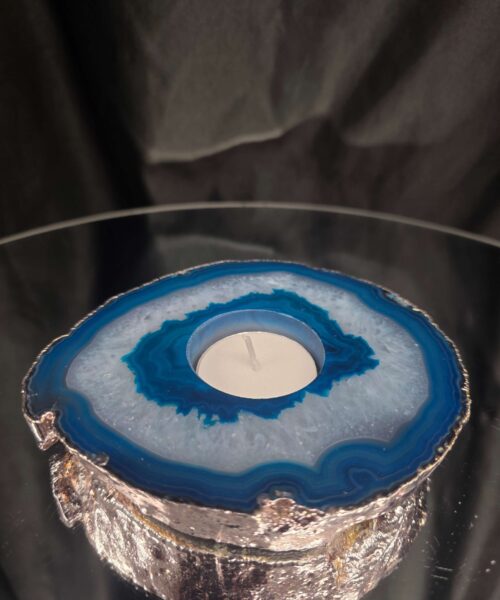 Large Teal Agate Slice 3 Handpicked 457g H2xW13xD11cm Microcrystalline Quartz Silver Gilded Tealight Candle Holder Ornament - Image 9