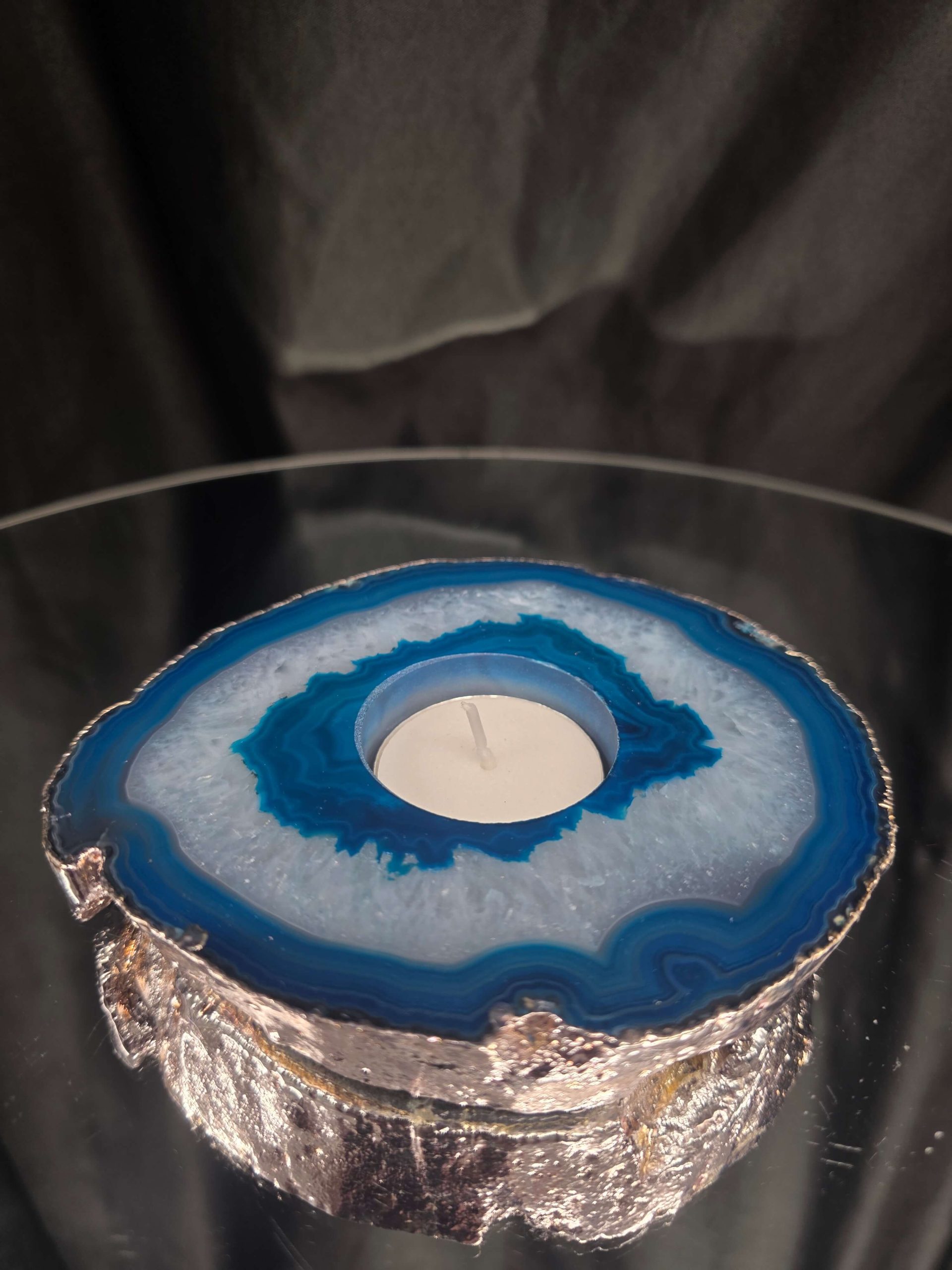 Large Teal Agate Slice 3 Handpicked 457g H2xW13xD11cm Microcrystalline Quartz Silver Gilded Tealight Candle Holder Ornament - Image 9