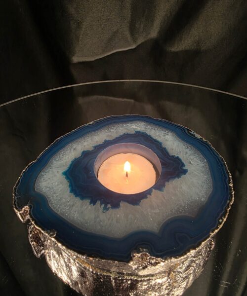 Large Teal Agate Slice 3 Handpicked 457g H2xW13xD11cm Microcrystalline Quartz Silver Gilded Tealight Candle Holder Ornament - Image 10