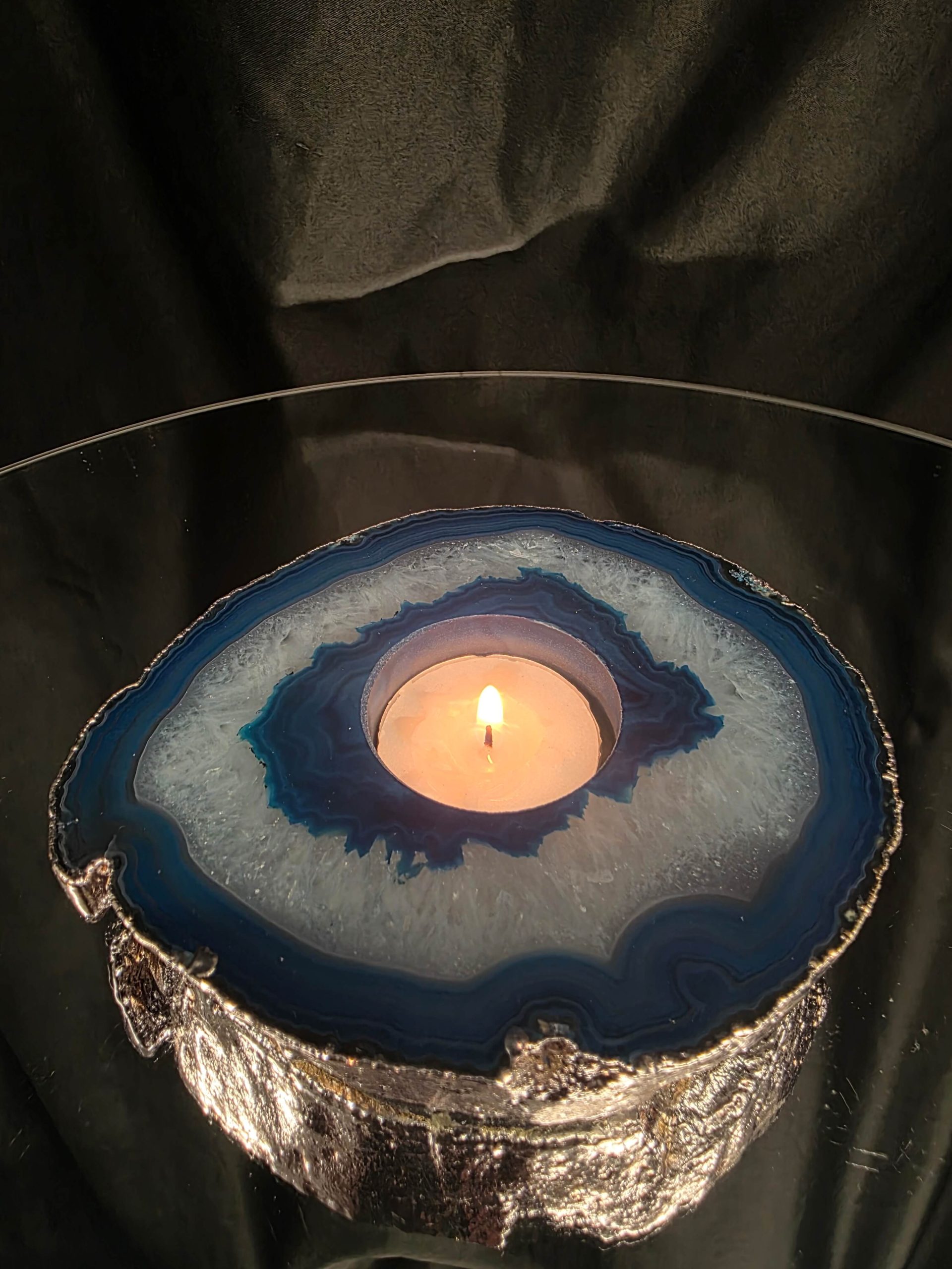 Large Teal Agate Slice 3 Handpicked 457g H2xW13xD11cm Microcrystalline Quartz Silver Gilded Tealight Candle Holder Ornament - Image 10