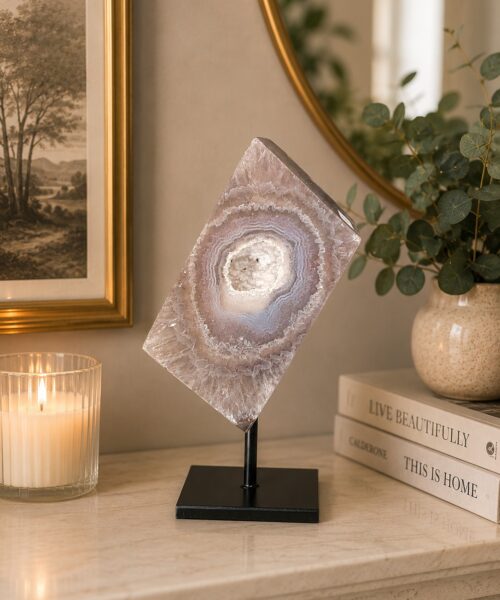 Luxury Natural Agate Cube 1 on Metal Stand 764g H16.5xW7xD5cm