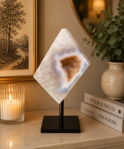 Luxury Natural Agate Cube 11 on Metal Stand 324g H14.5xW7xD5cm