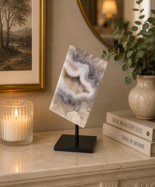 Luxury Natural Agate Cube 2 on Metal Stand 572g H15.5xW7xD5cm