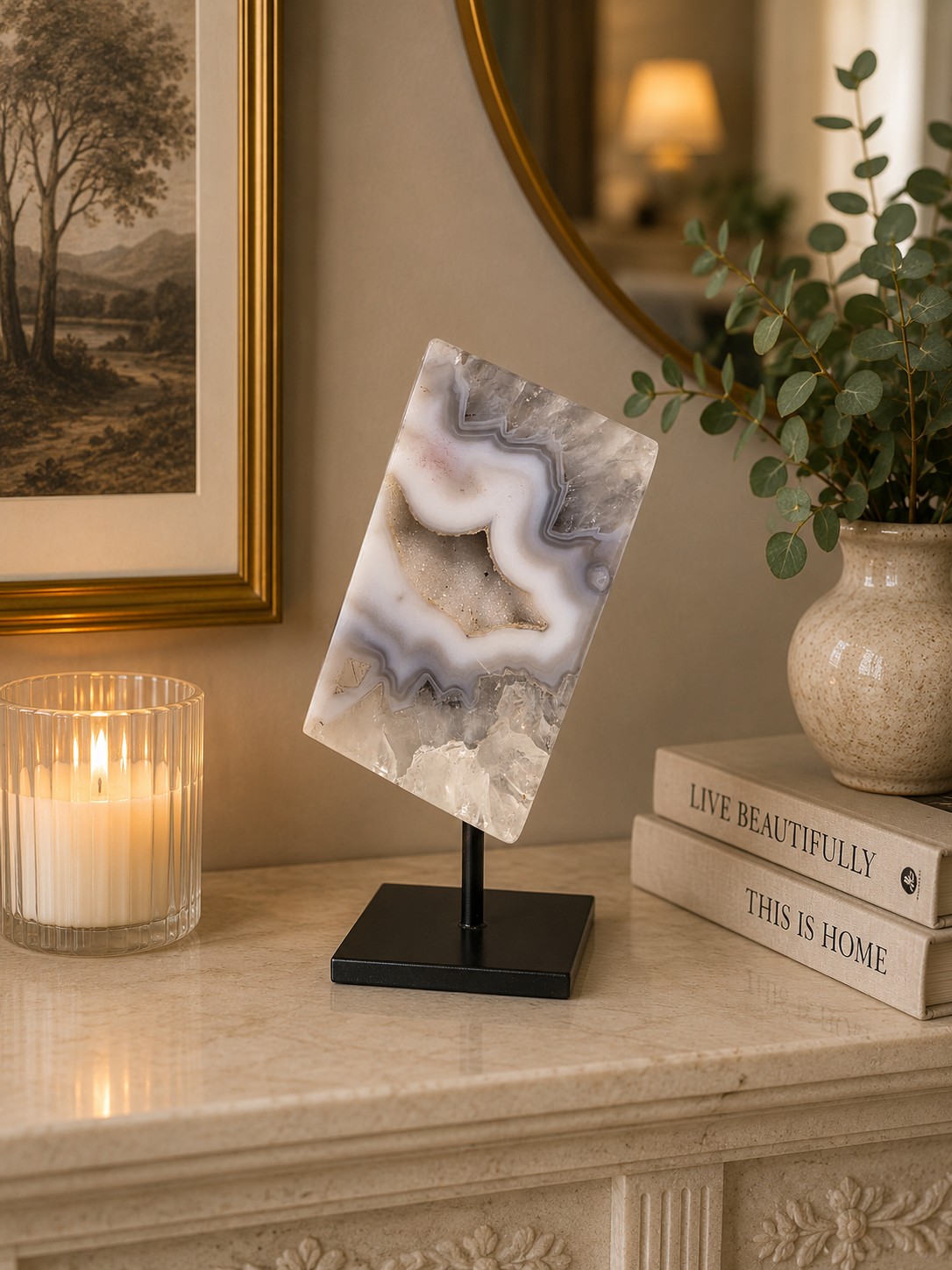 Luxury Natural Agate Cube 2 on Metal Stand 572g H15.5xW7xD5cm