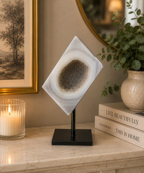 Luxury Natural Agate Cube 3 on Metal Stand 329g H14xW7xD5cm