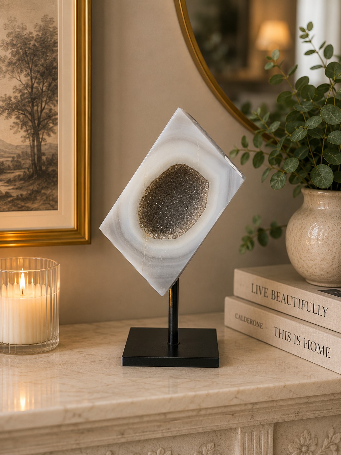 Luxury Natural Agate Cube 3 on Metal Stand 329g H14xW7xD5cm