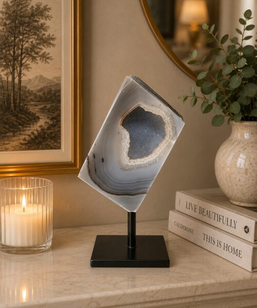 Luxury Natural Agate Cube 7 on Metal Stand 391g H13.5xW7xD5cm