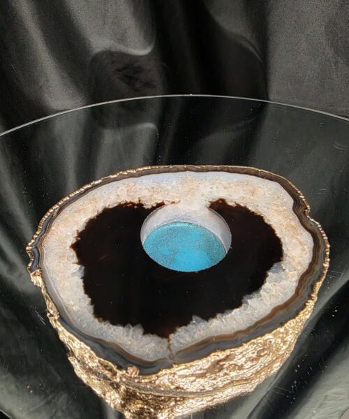 Black Agate Slice 2 Handpicked 478g H2xW14xD11cm Microcrystalline Quartz Gold Gilded 24ct Tealight Candle Holder