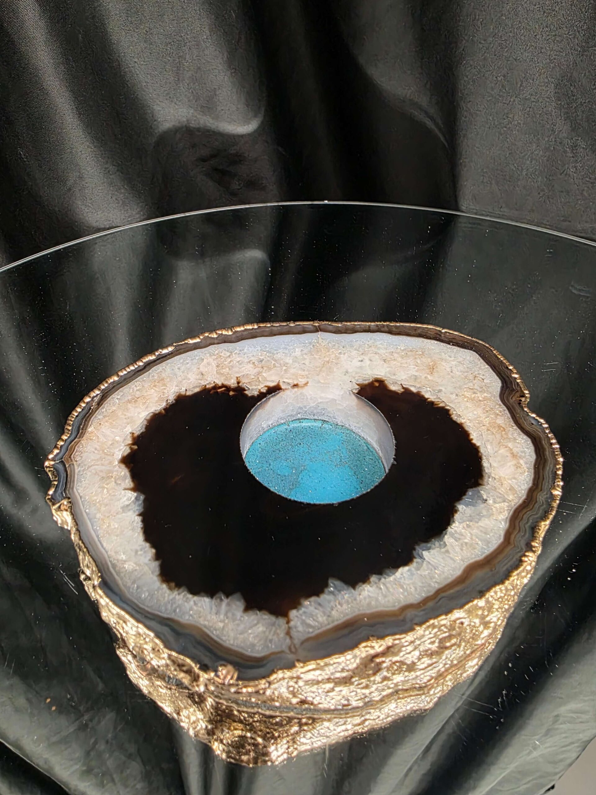 Black Agate Slice 2 Handpicked 478g H2xW14xD11cm Microcrystalline Quartz Gold Gilded 24ct Tealight Candle Holder