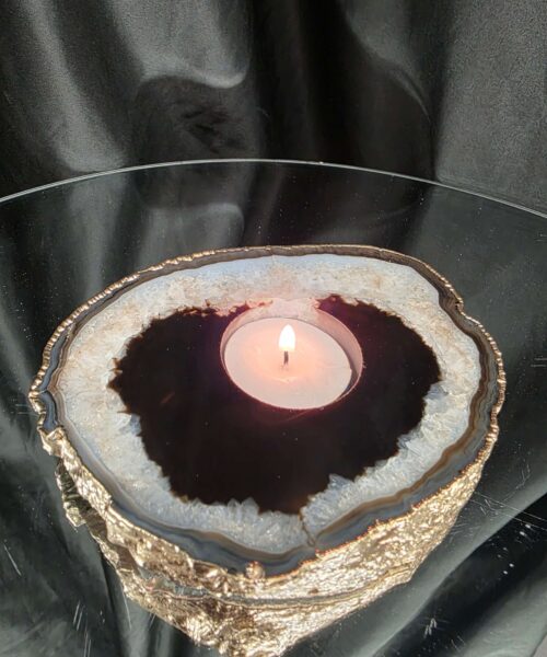 Black Agate Slice 2 Handpicked 478g H2xW14xD11cm Microcrystalline Quartz Gold Gilded 24ct Tealight Candle Holder - Image 10