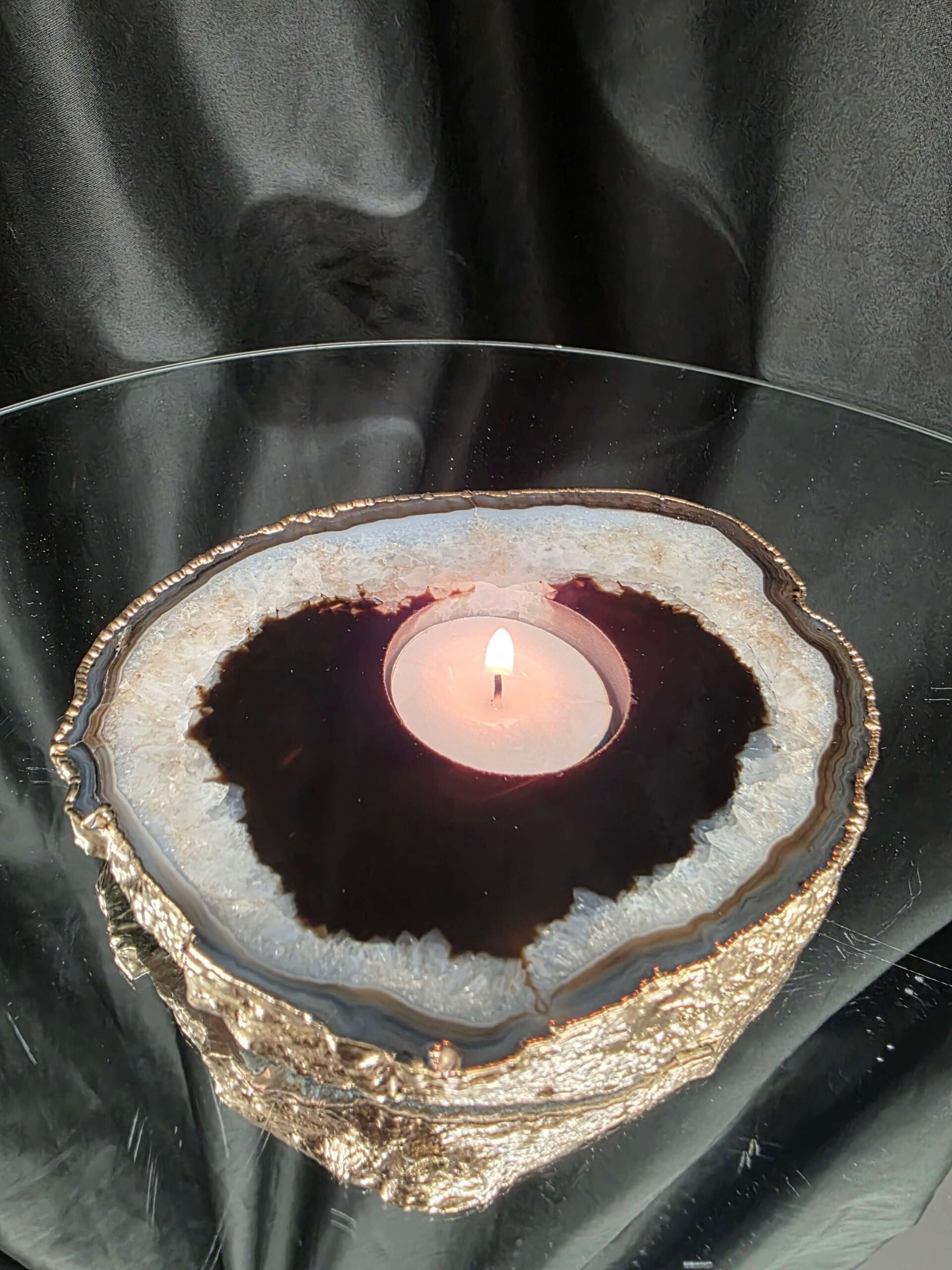 Black Agate Slice 2 Handpicked 478g H2xW14xD11cm Microcrystalline Quartz Gold Gilded 24ct Tealight Candle Holder - Image 10