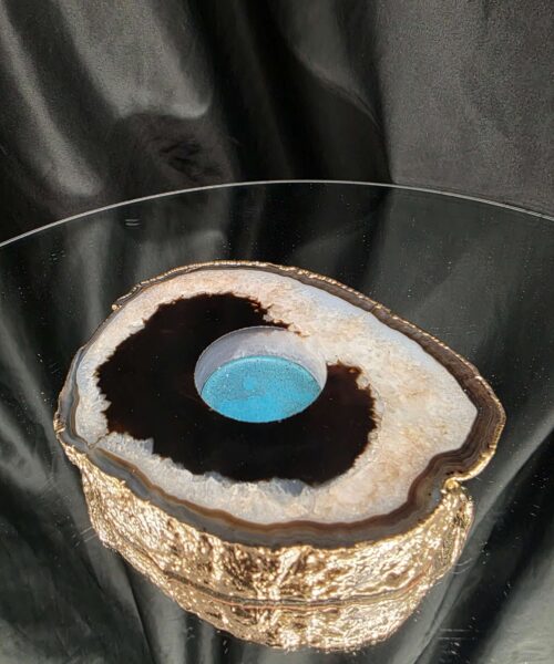 Alternative view of Black Agate Slice 2 Handpicked 478g H2xW14xD11cm Microcrystalline Quartz Gold Gilded 24ct Tealight Candle Holder