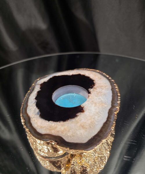 Black Agate Slice 2 Handpicked 478g H2xW14xD11cm Microcrystalline Quartz Gold Gilded 24ct Tealight Candle Holder - Image 3