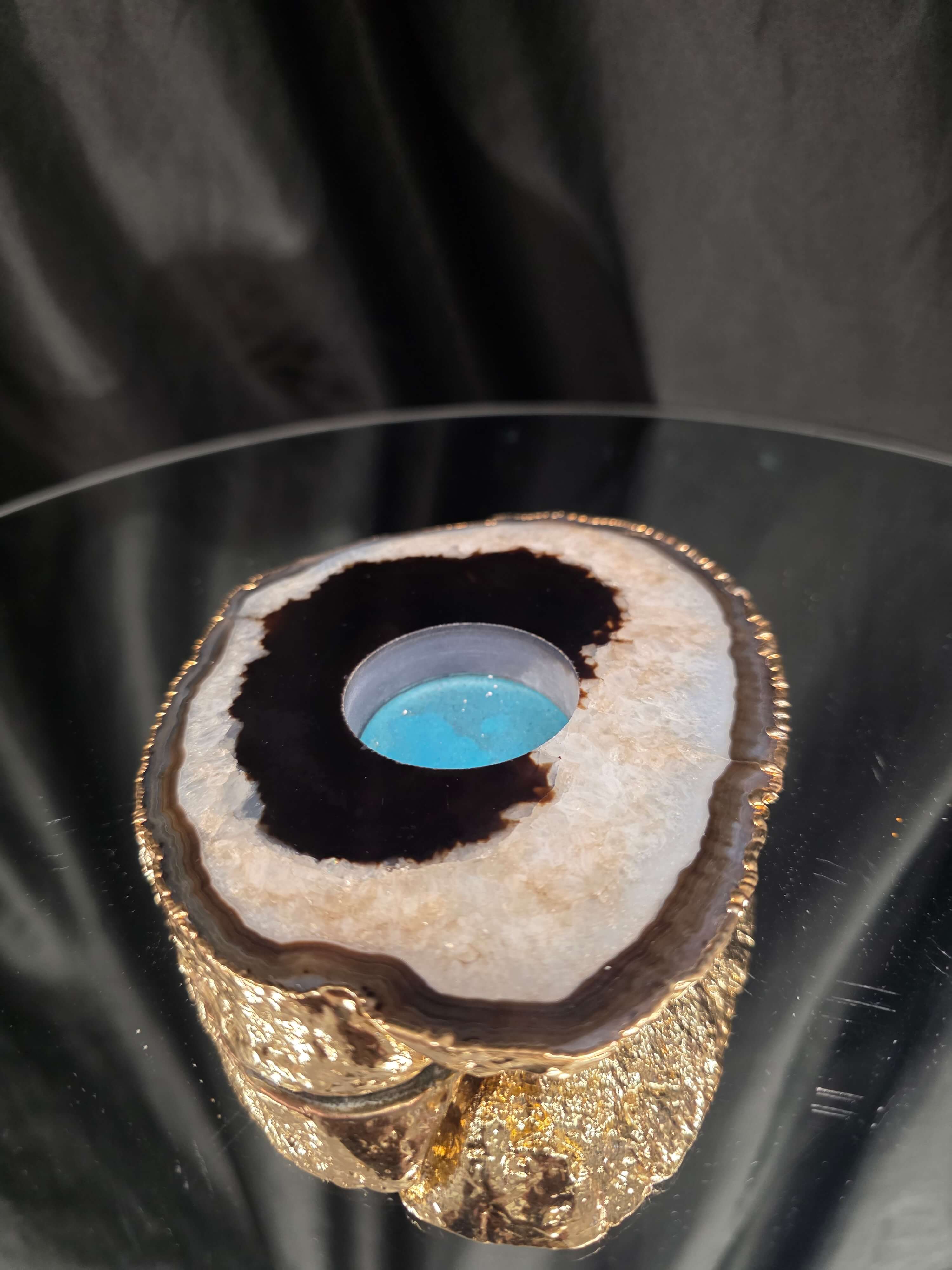 Black Agate Slice 2 Handpicked 478g H2xW14xD11cm Microcrystalline Quartz Gold Gilded 24ct Tealight Candle Holder - Image 3