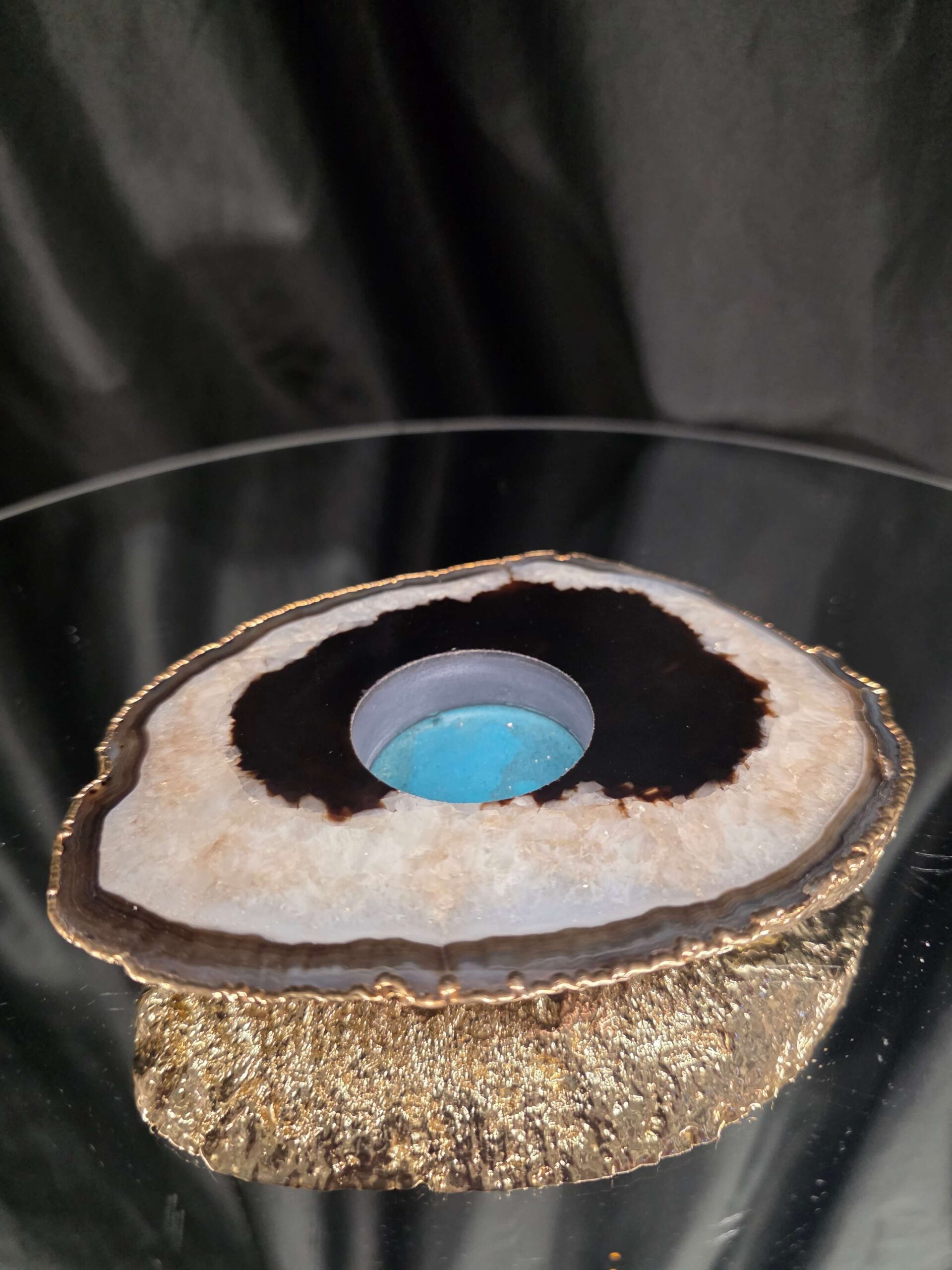Black Agate Slice 2 Handpicked 478g H2xW14xD11cm Microcrystalline Quartz Gold Gilded 24ct Tealight Candle Holder - Image 4
