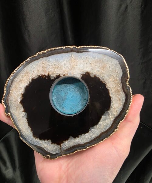 Black Agate Slice 2 Handpicked 478g H2xW14xD11cm Microcrystalline Quartz Gold Gilded 24ct Tealight Candle Holder - Image 5